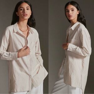 Anthropologie Striped Longline Button-Down Shirt | Size XL Relaxed Coastal
